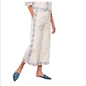 Anthropologie Foxiedox Spellgirl White & Blue Embroidered Culottes Cropped Pant